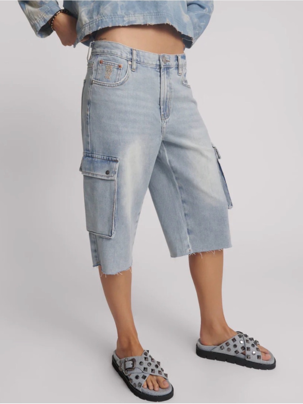 One Teaspoon Light Blue Denim Cargo Bermuda Shorts